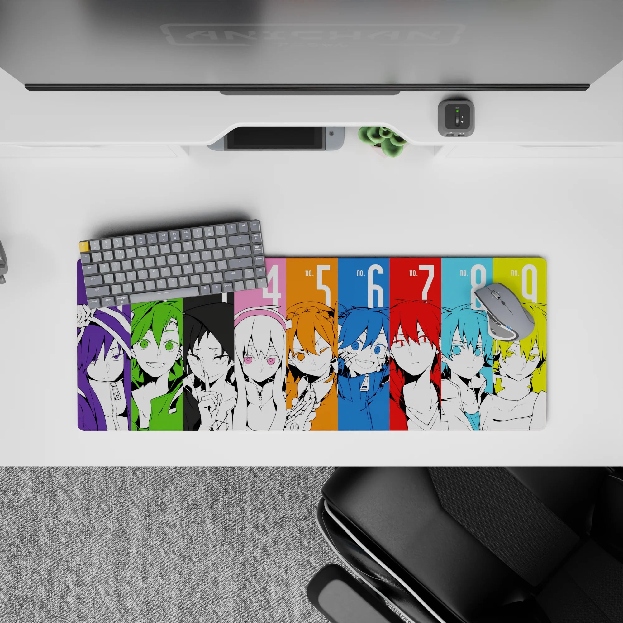 Neon color-block anime mouse pad 32x12 inches, electric vibe with violet, lime, blue, yellow.