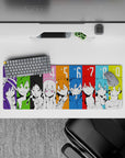 Neon color-block anime mouse pad 32x12 inches, electric vibe with violet, lime, blue, yellow.