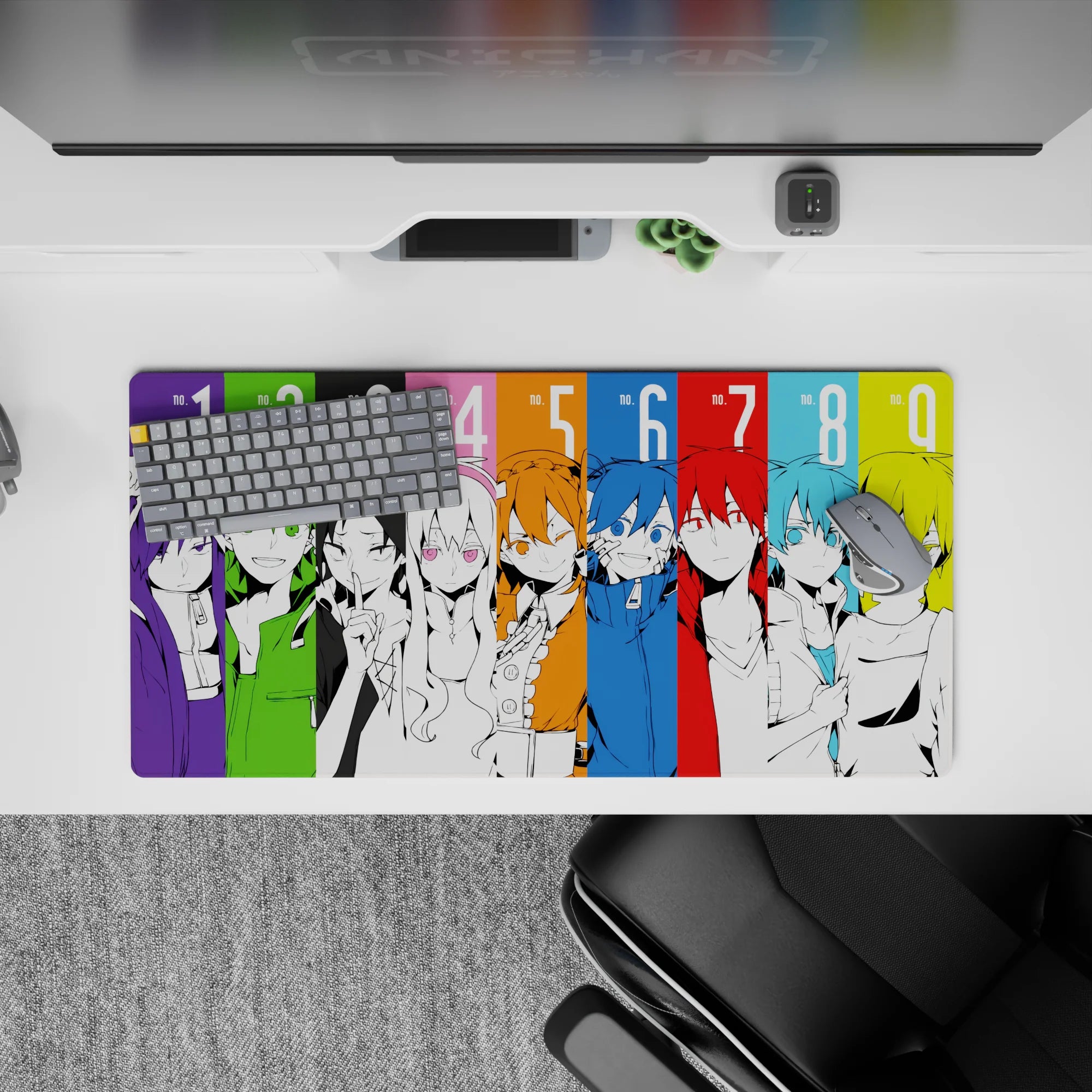 Vibrant anime mouse pad 32x16 inches in neon yellow, lime, violet, and sky blue, electric mood.