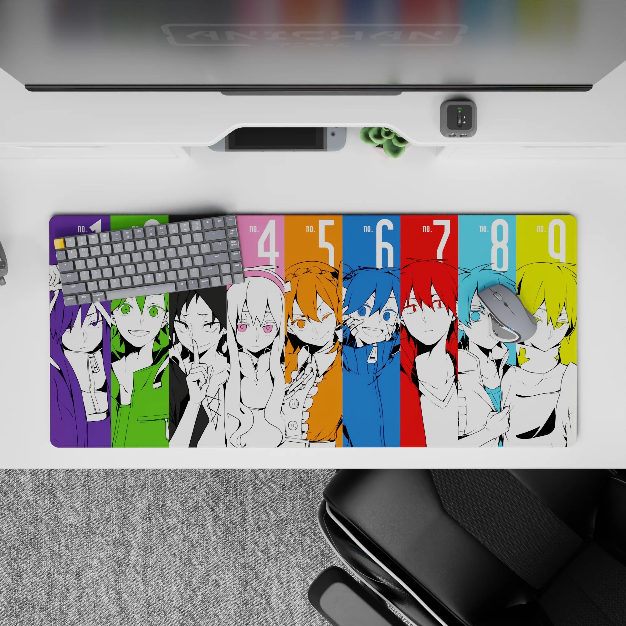 36x16 inches anime desk pad in neon violet, lime, sky blue, and yellow with intense portraits.