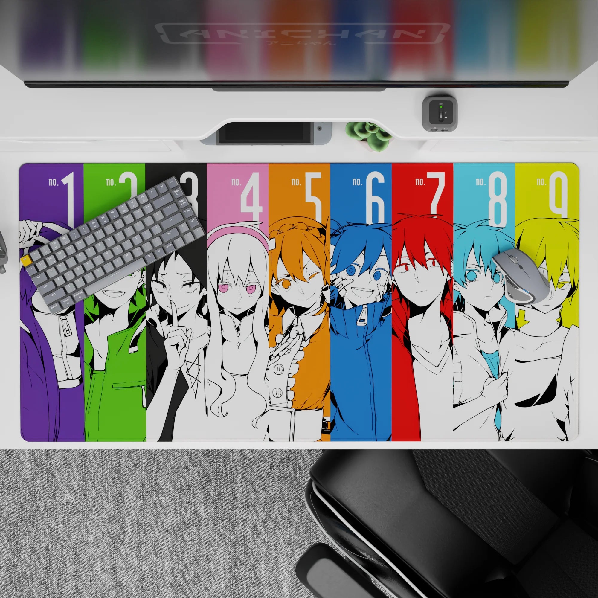 Neon violet, lime, sky blue and yellow anime desk pad 40x20 inches, electric pop-art vibe.