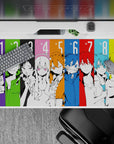 Neon violet, lime, sky blue and yellow anime desk pad 40x20 inches, electric pop-art vibe.