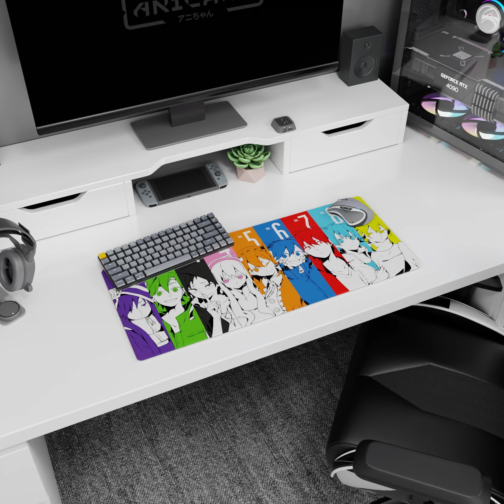 28x12 inches anime mouse pad featuring a lineup of hoodie and jacket characters with intense eyes.