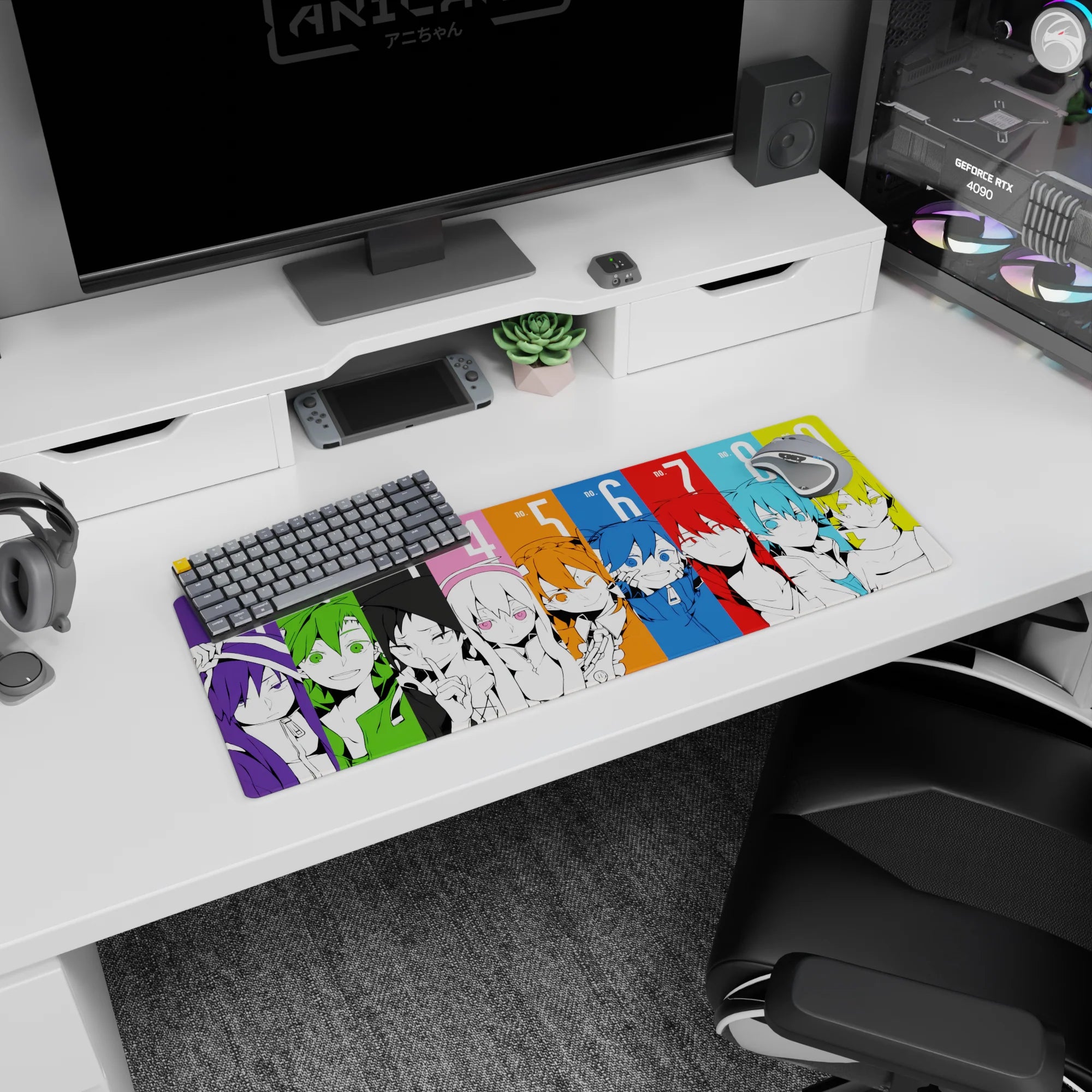 32x12 inches anime mouse pad showing nine faces in hoodies and jackets, lined up like a countdown.
