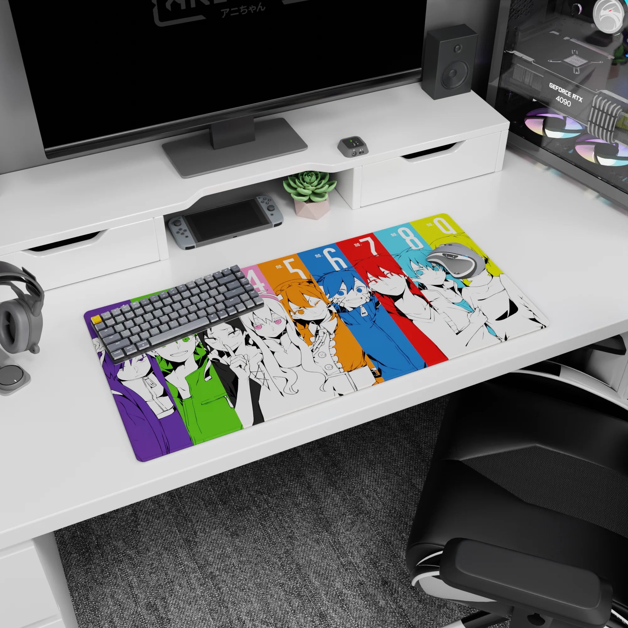 Anime mouse pad 32x16 inches showing nine expressive faces in hoodies and jackets lined up like a countdown.
