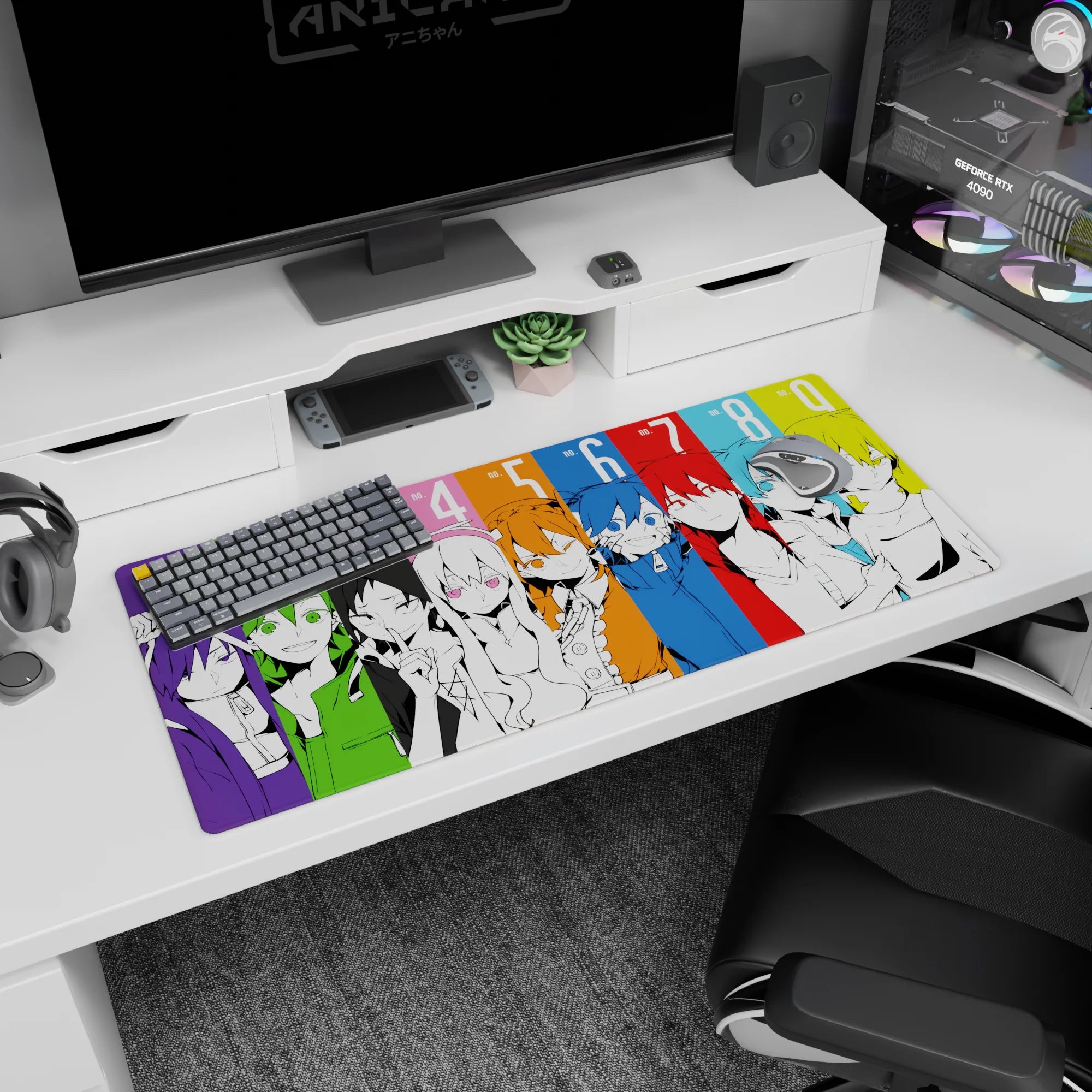 36x16 inches anime desk pad showing nine hoodie-and-jacket faces lined up like a countdown.