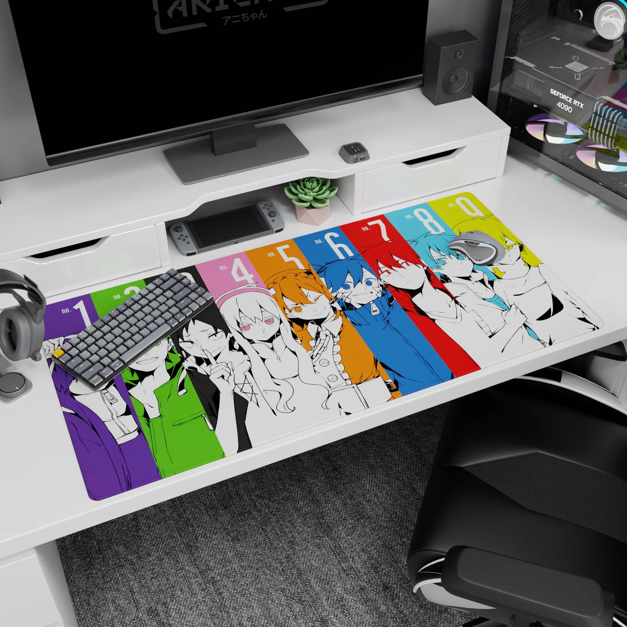 Nine anime faces in hoodies and sleek jackets across a 40x20 inches desk pad, intense stares.