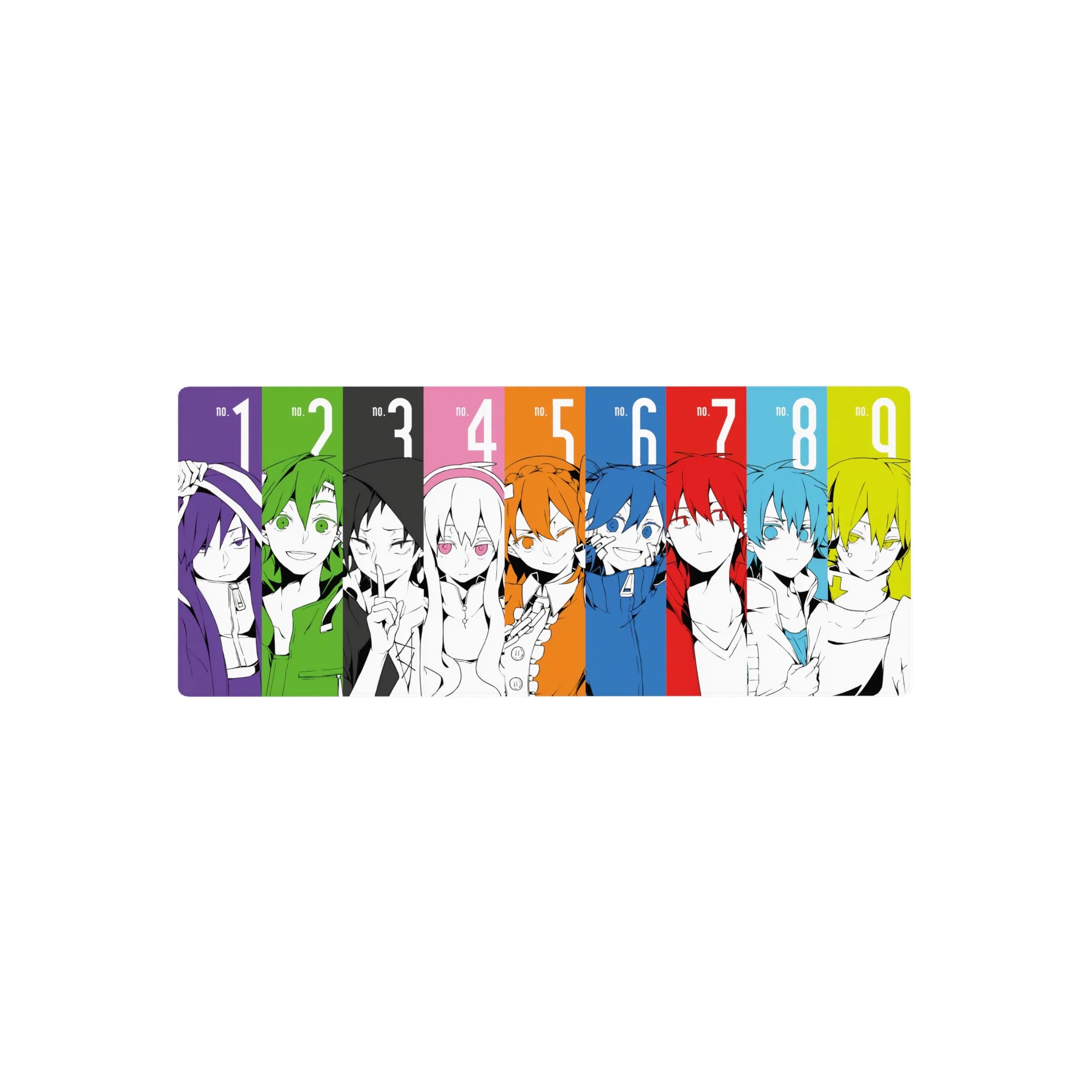 28x12 inches anime mouse pad with nine black-and-white portraits on bold color-block panels.