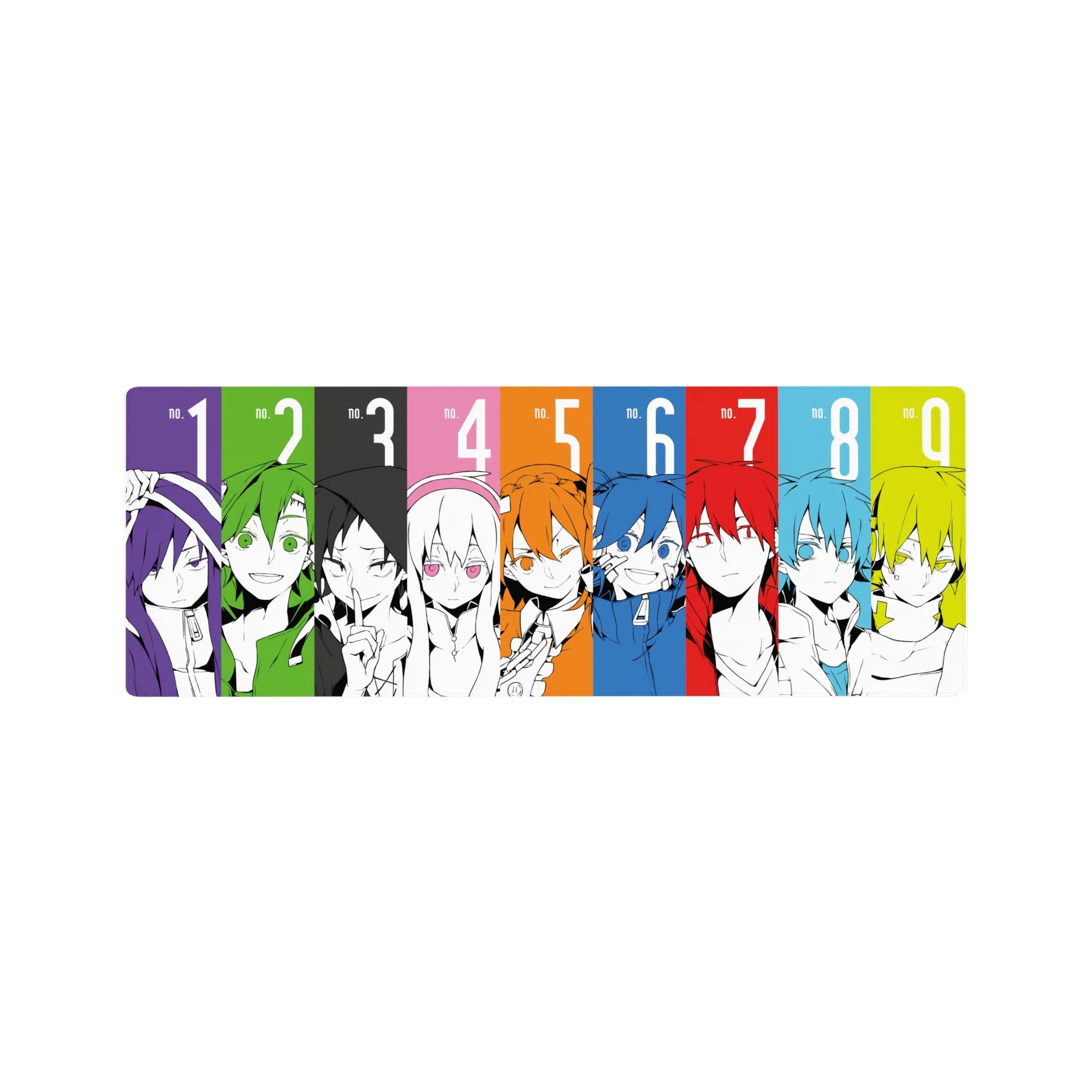 Anime mouse pad 32x12 inches with nine black-and-white portraits in bold color block panels.