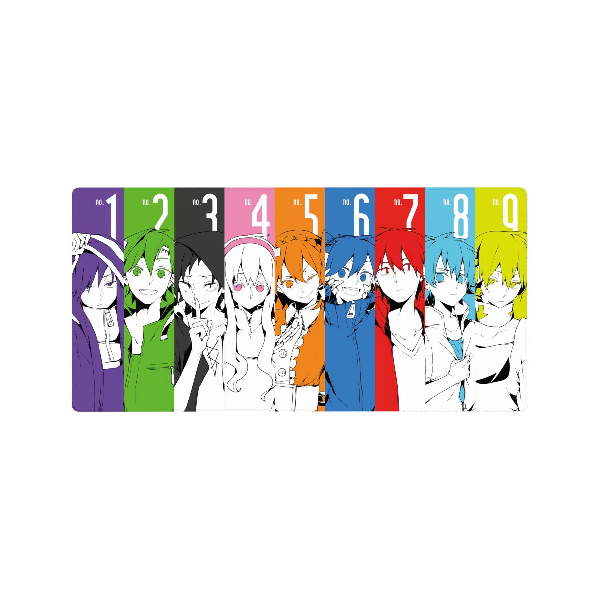 Anime mouse pad 32x16 inches with nine black-and-white portraits in bold color block panels.