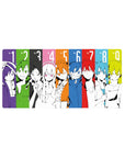 Anime mouse pad 32x16 inches with nine black-and-white portraits in bold color block panels.