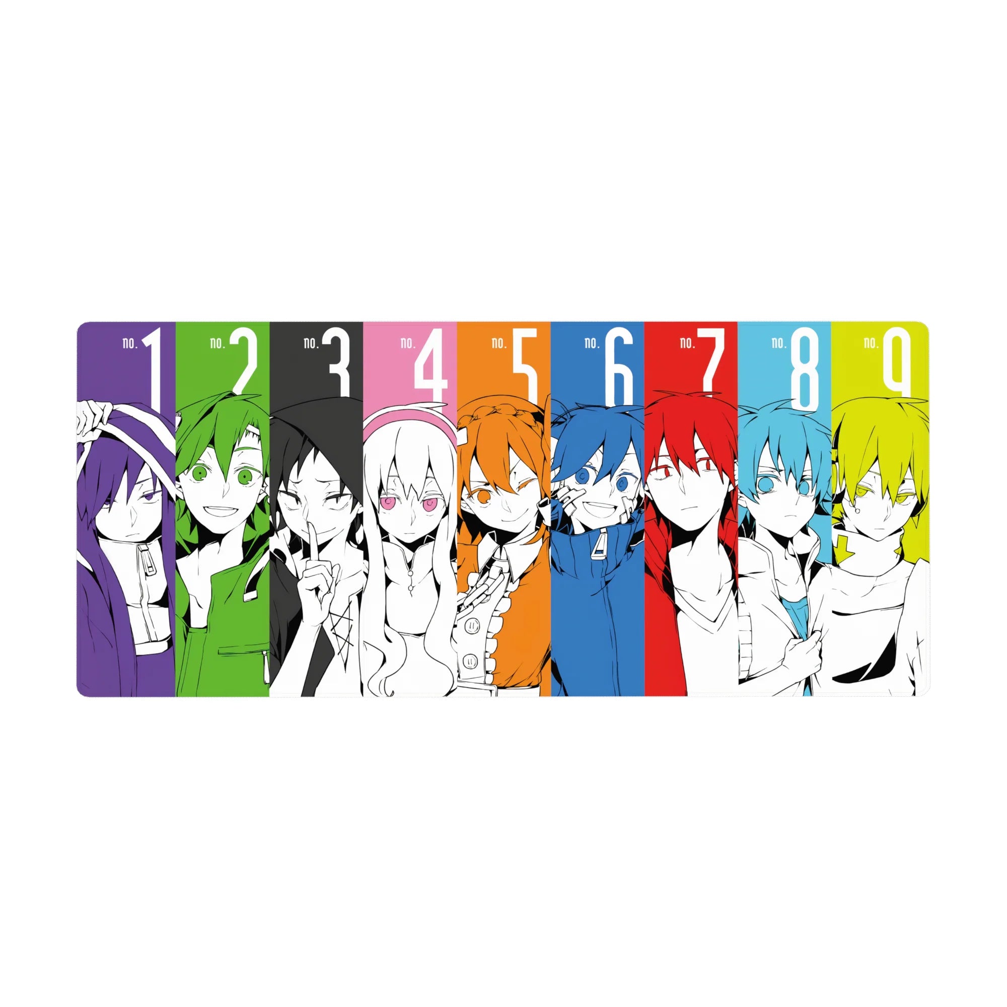 Anime desk pad 36x16 inches with nine black-and-white portraits in bold color-block panels.