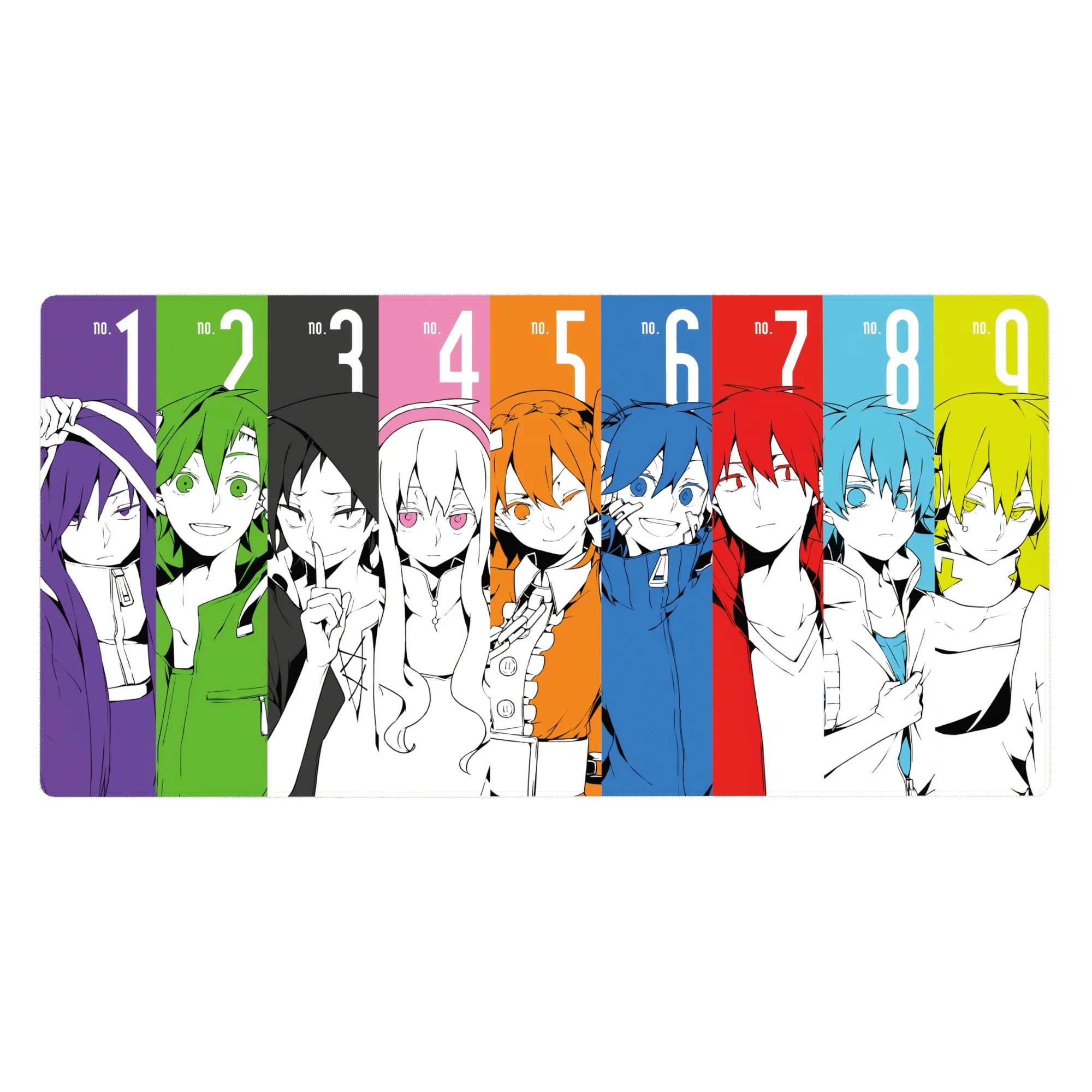 Anime desk pad 40x20 inches with nine black-and-white portraits in bold color block panels.