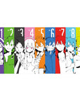 Anime desk pad 40x20 inches with nine black-and-white portraits in bold color block panels.