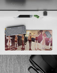 Anime girl mouse pad 28x12 inches in warm peach-to-lavender dusk tones with soft lens flares.