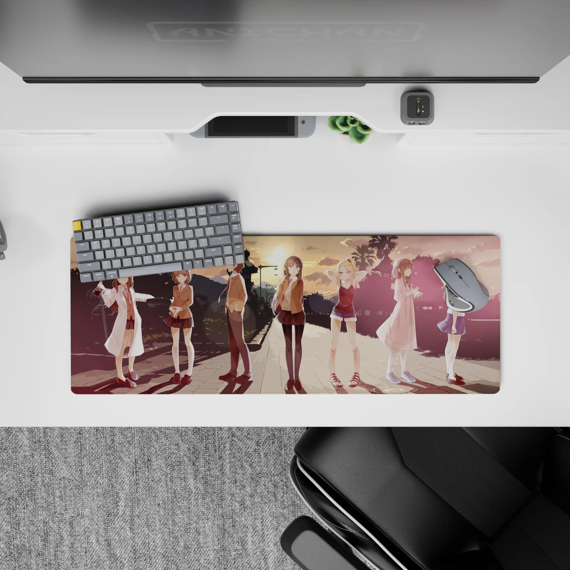 32x12 inches anime mouse pad in warm peach-to-lavender tones with soft lens flares and calm after-school mood.