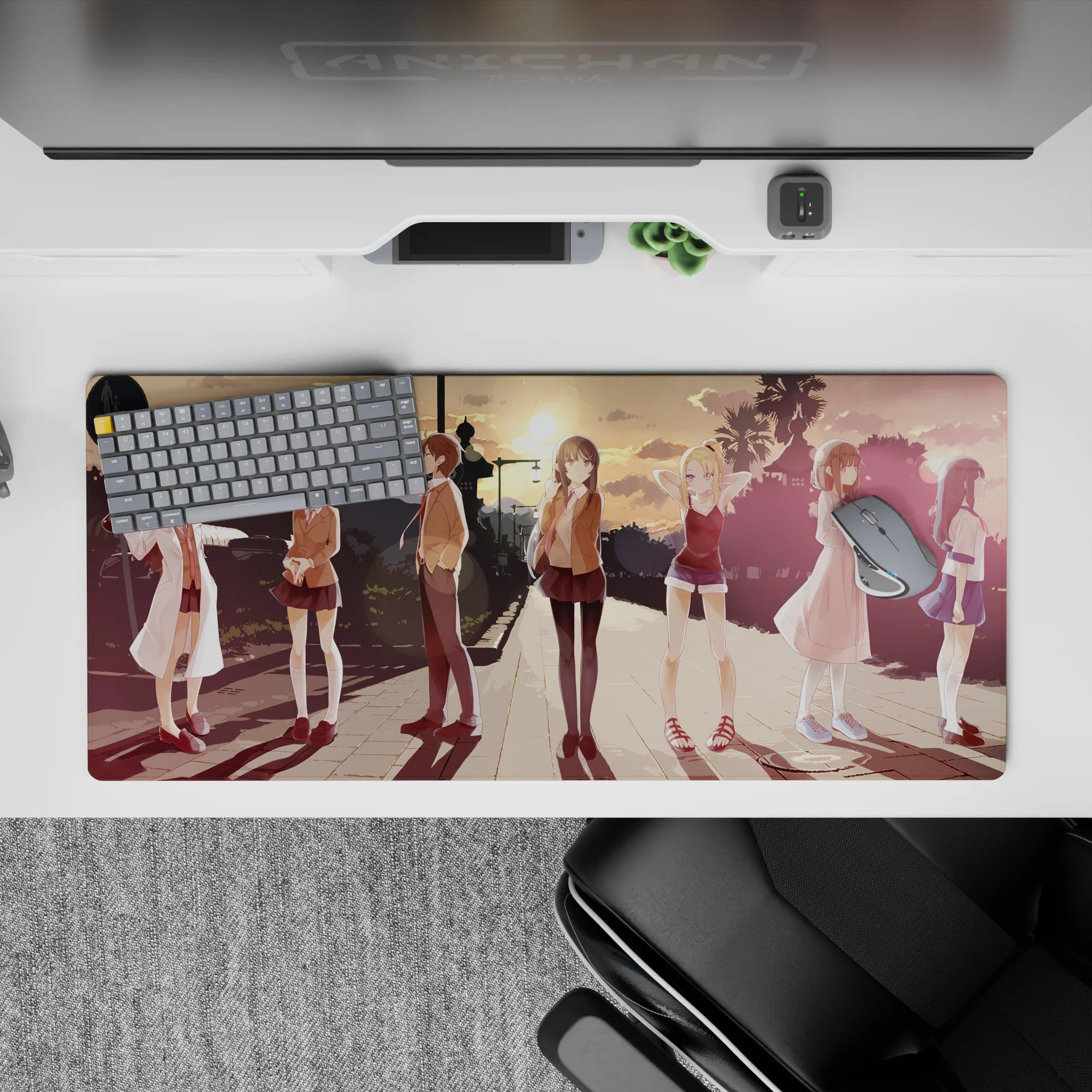 Anime girl desk pad 36x16 inches in warm peach-to-lavender tones, calm after-school vibe.