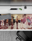 Anime girl desk pad 36x16 inches in warm peach-to-lavender tones, calm after-school vibe.