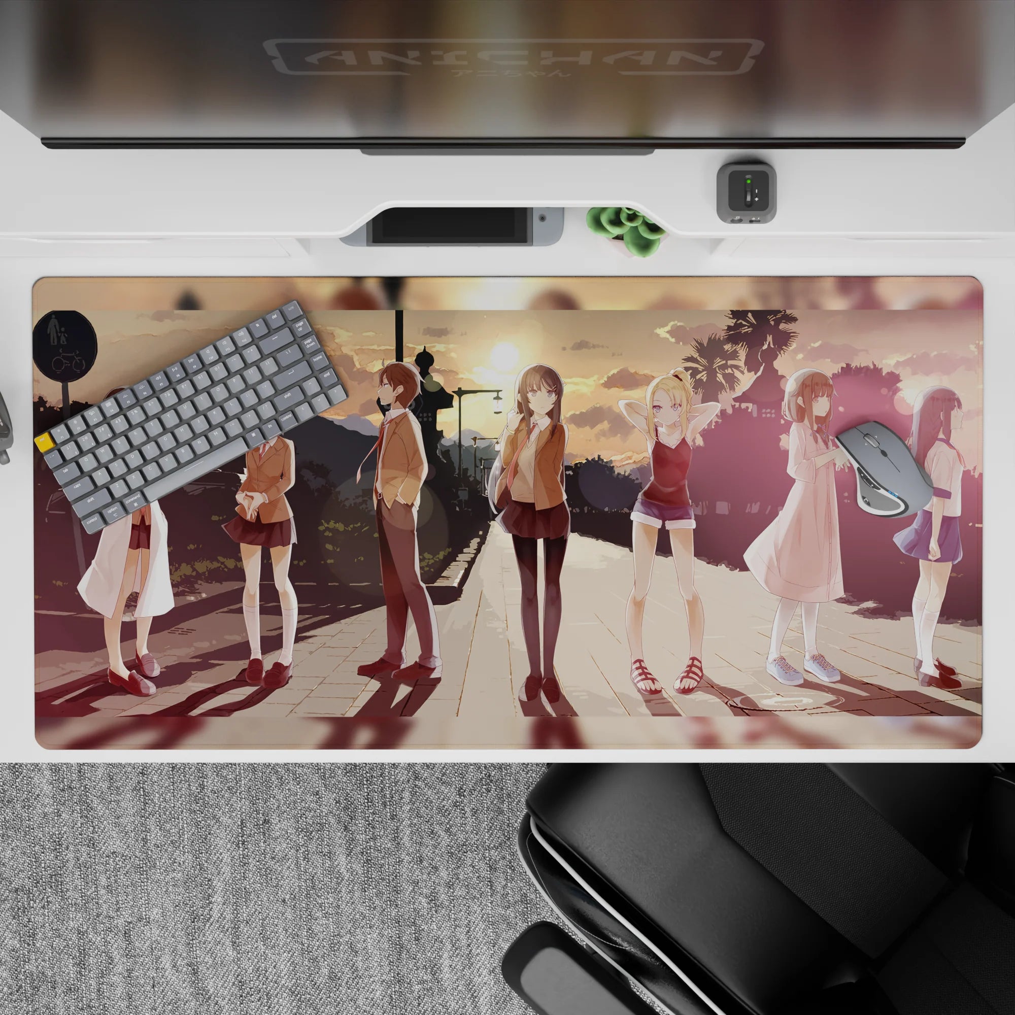 Anime girl mouse pad 40x20 inches in warm peach-to-lavender dusk tones with soft lens flares and calm vibe.