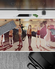 Anime girl mouse pad 40x20 inches in warm peach-to-lavender dusk tones with soft lens flares and calm vibe.