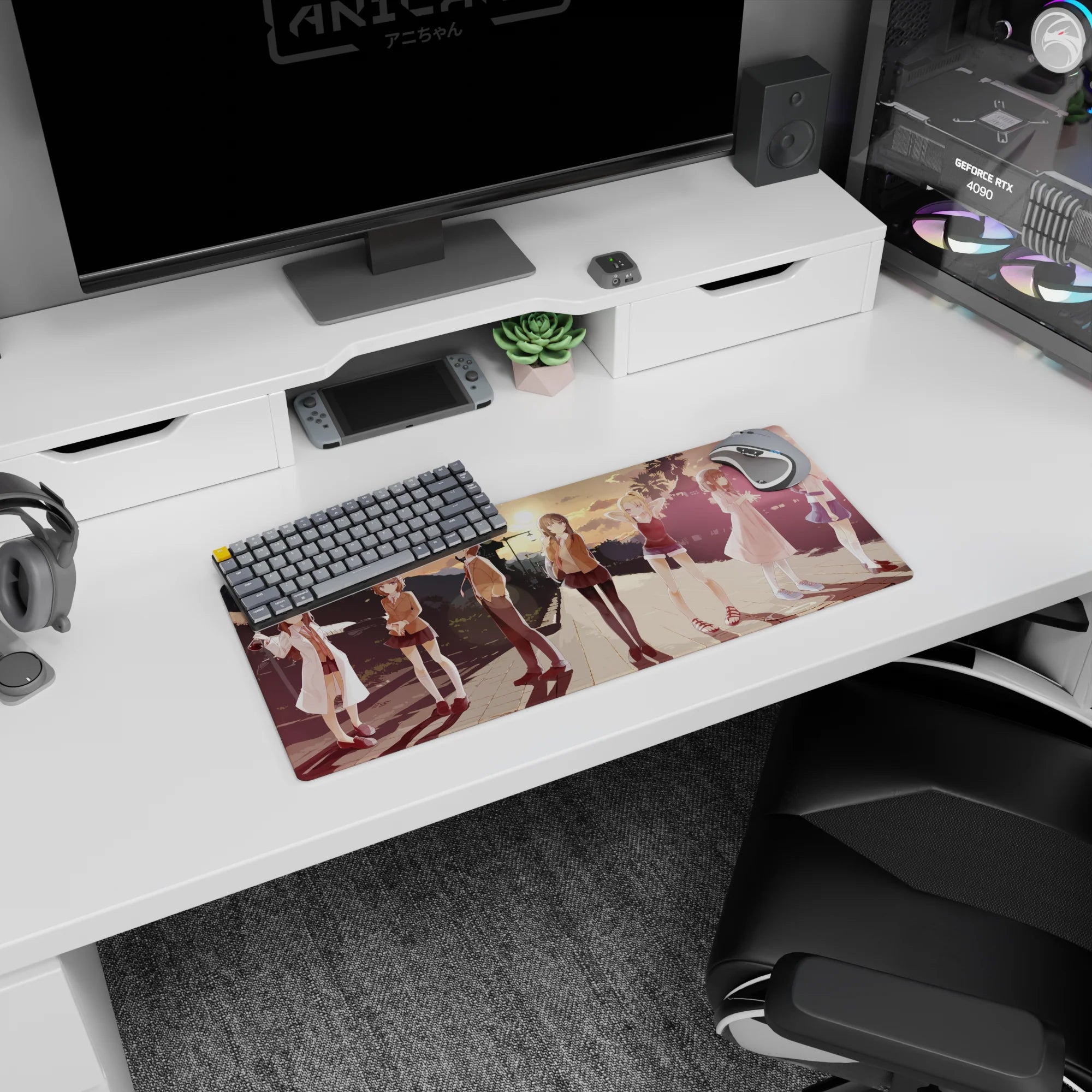 Anime girl mouse pad 28x12 inches showing a lineup of girls under city lights after school at sunset.