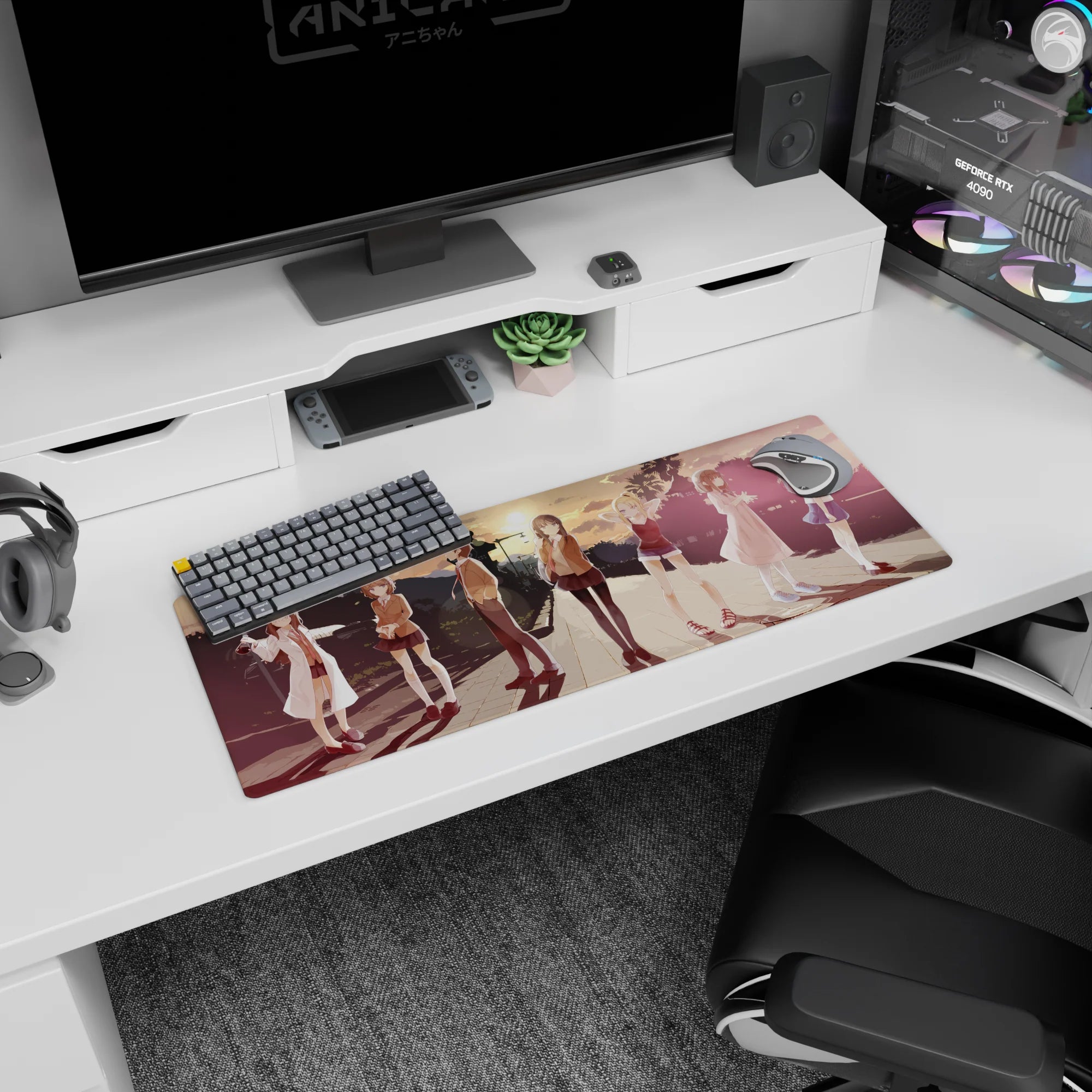 32x12 inches anime girl mouse pad showing a lineup of girls by city lights at dusk, crisp silhouettes.