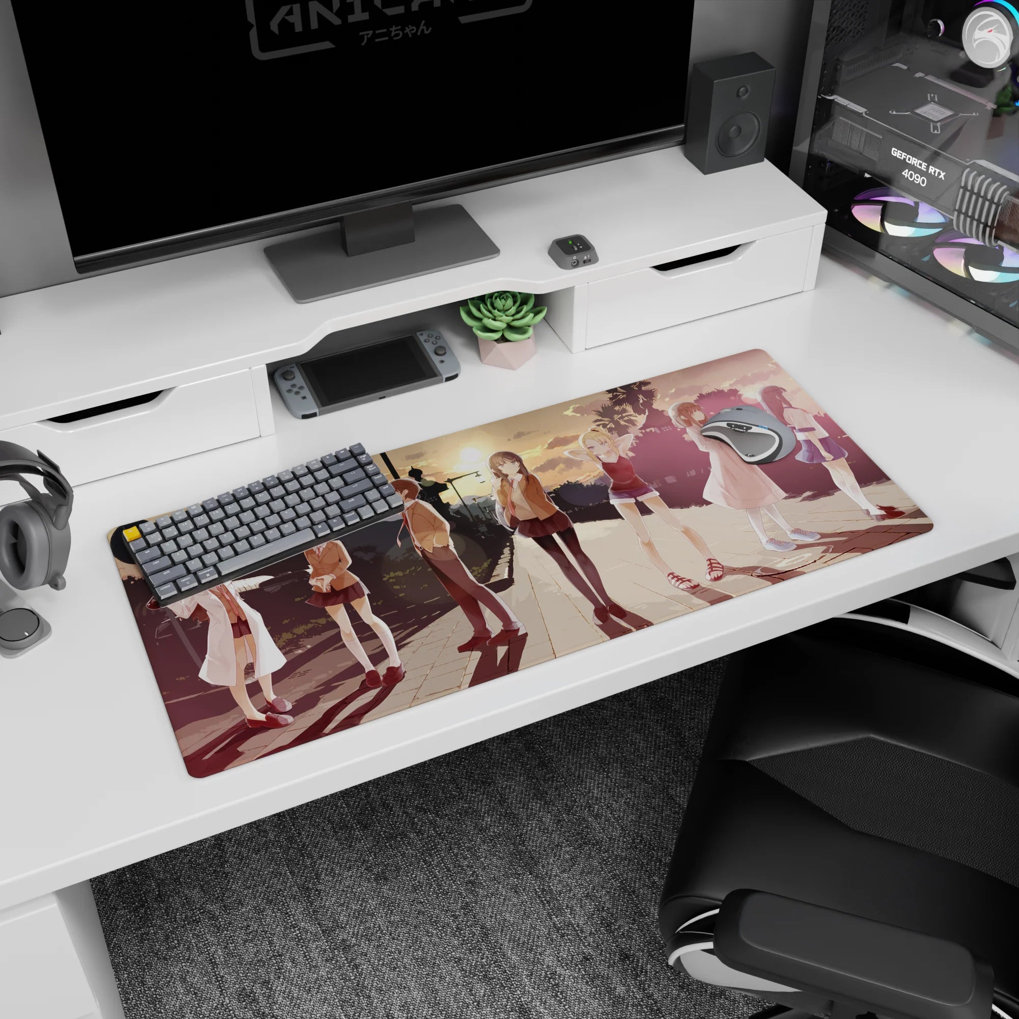 Anime girl desk pad 36x16 inches showing a lineup of girls in uniforms and summer outfits at dusk.
