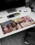 Anime girl desk pad 36x16 inches showing a lineup of girls in uniforms and summer outfits at dusk.