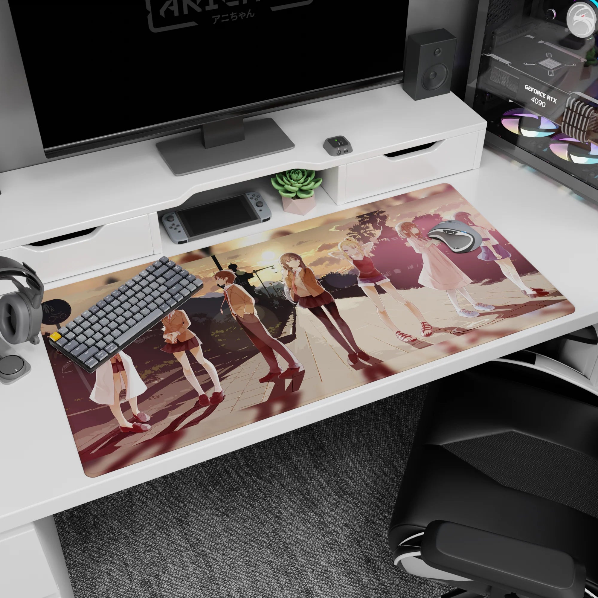 40x20 inches anime desk pad showing girls in uniforms and summer outfits strolling under city lights at sunset.
