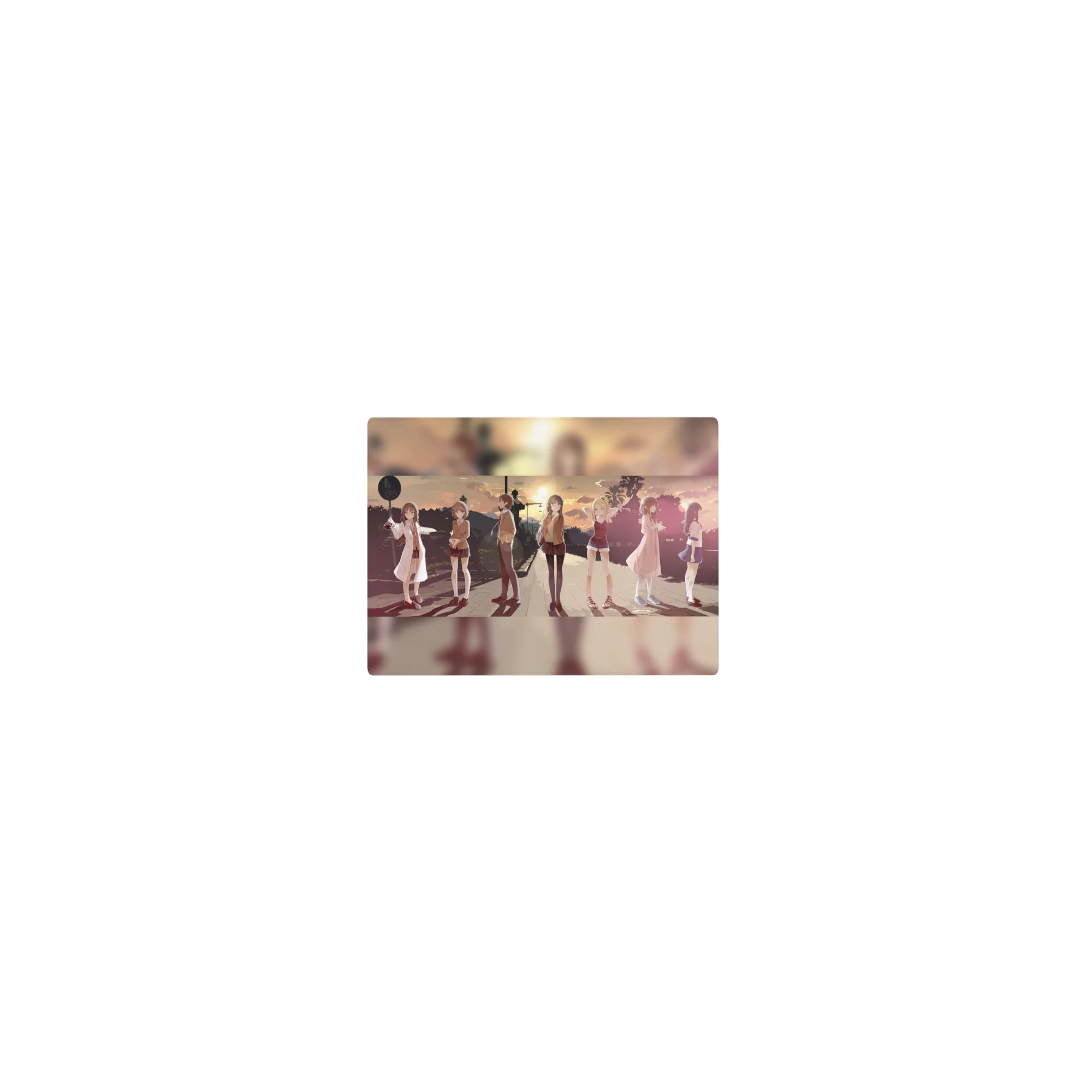 Classic anime girl mouse pad 14x10 inches with schoolgirls and summer outfits on a city street at sunset.