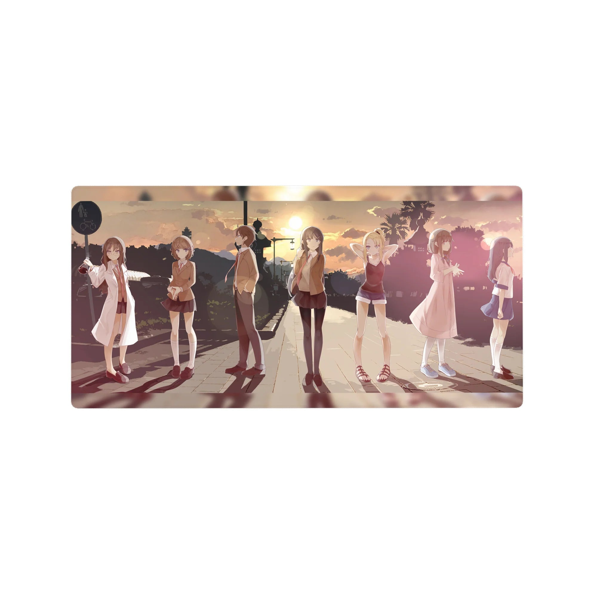 32x16 inches anime girl mouse pad with schoolgirls and summer outfits on a city street at sunset.