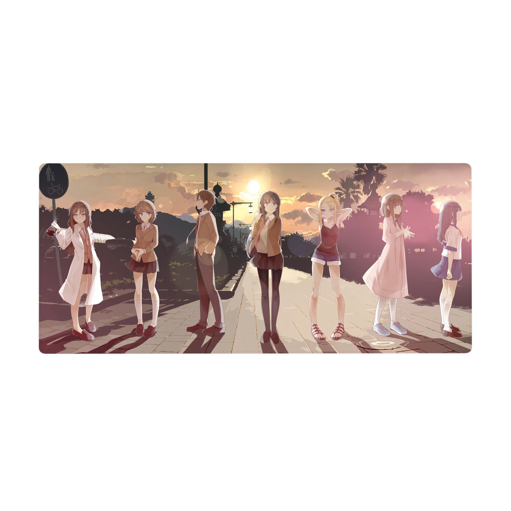 Anime girl desk pad 36x16 inches with sunset city street scene, lens flares, and school uniforms.