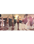 Anime girl desk pad 36x16 inches with sunset city street scene, lens flares, and school uniforms.