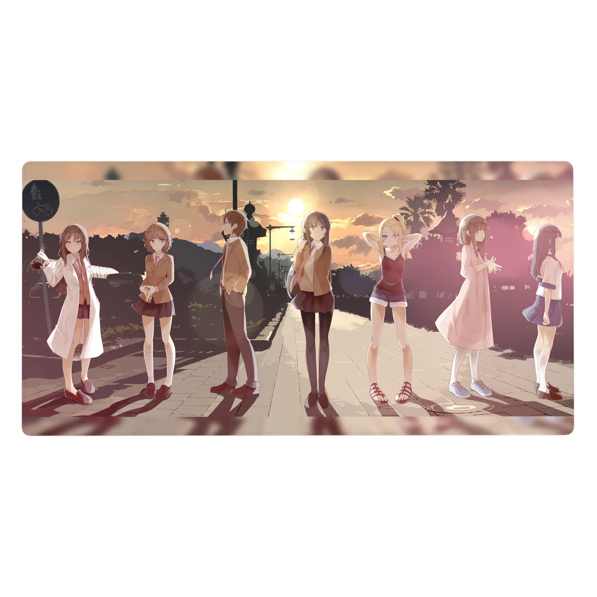 Anime girl desk pad 40x20 inches with school uniform lineup on sunset city street, smooth mouse tracking.