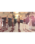 Anime girl desk pad 40x20 inches with school uniform lineup on sunset city street, smooth mouse tracking.