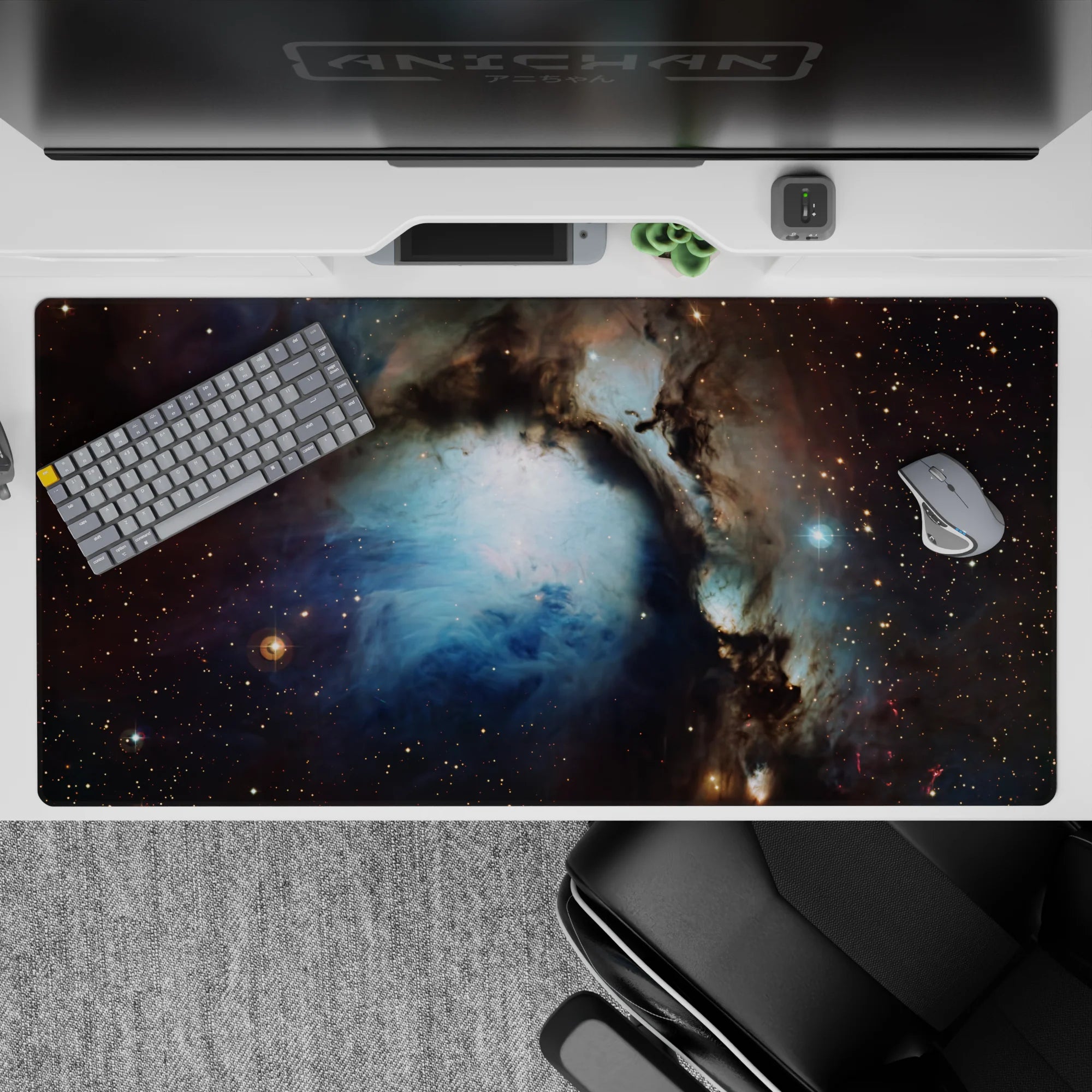 Starry charcoal and icy-blue desk pad 40x20 inches, calm deep-space vibe with warm glowing specks.