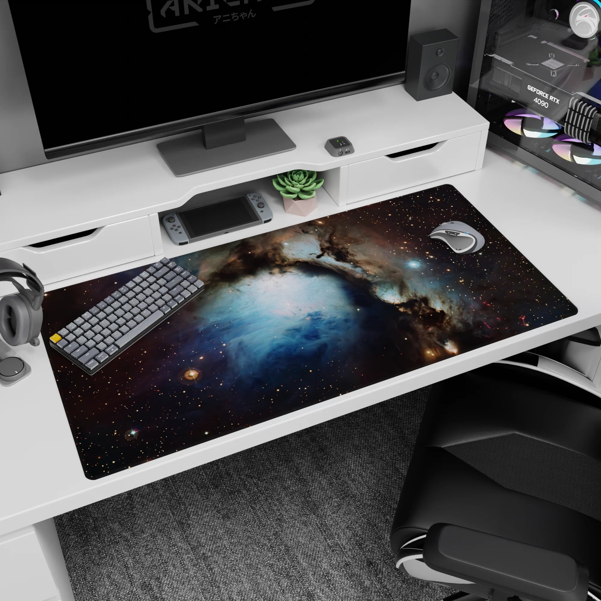 Galaxy mid-breath scene desk pad 40x20 inches, swirling nebula clouds and tiny spark-like stars.