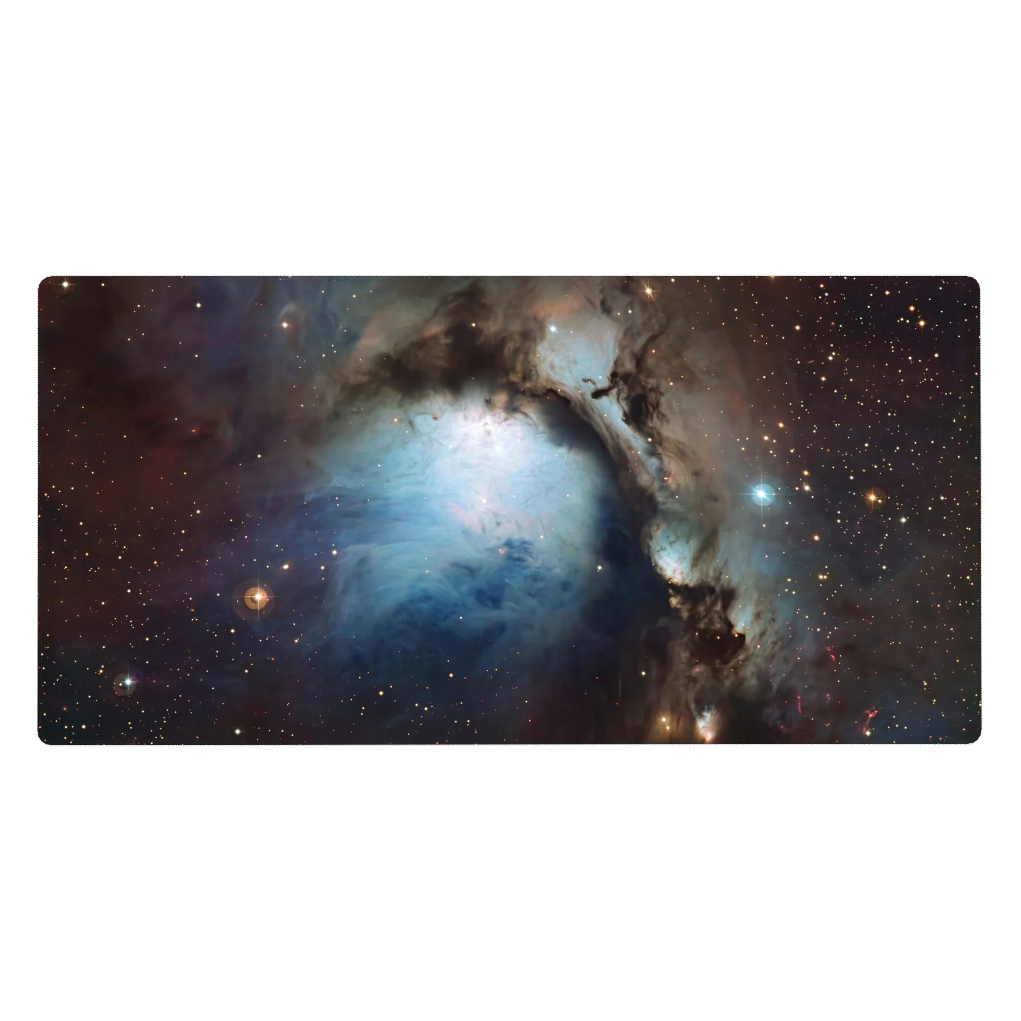 Nebula galaxy desk pad 40x20 inches with smoky swirls, icy-blue glow, and scattered star sparks.