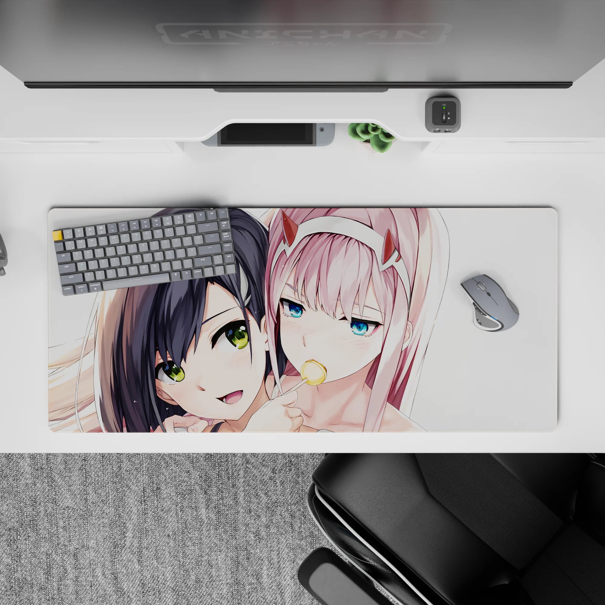 Striking 36x16 mouse pad highlights Zero Two’s sharp glare, playful smirk, and intricate details in stunning visual contrast