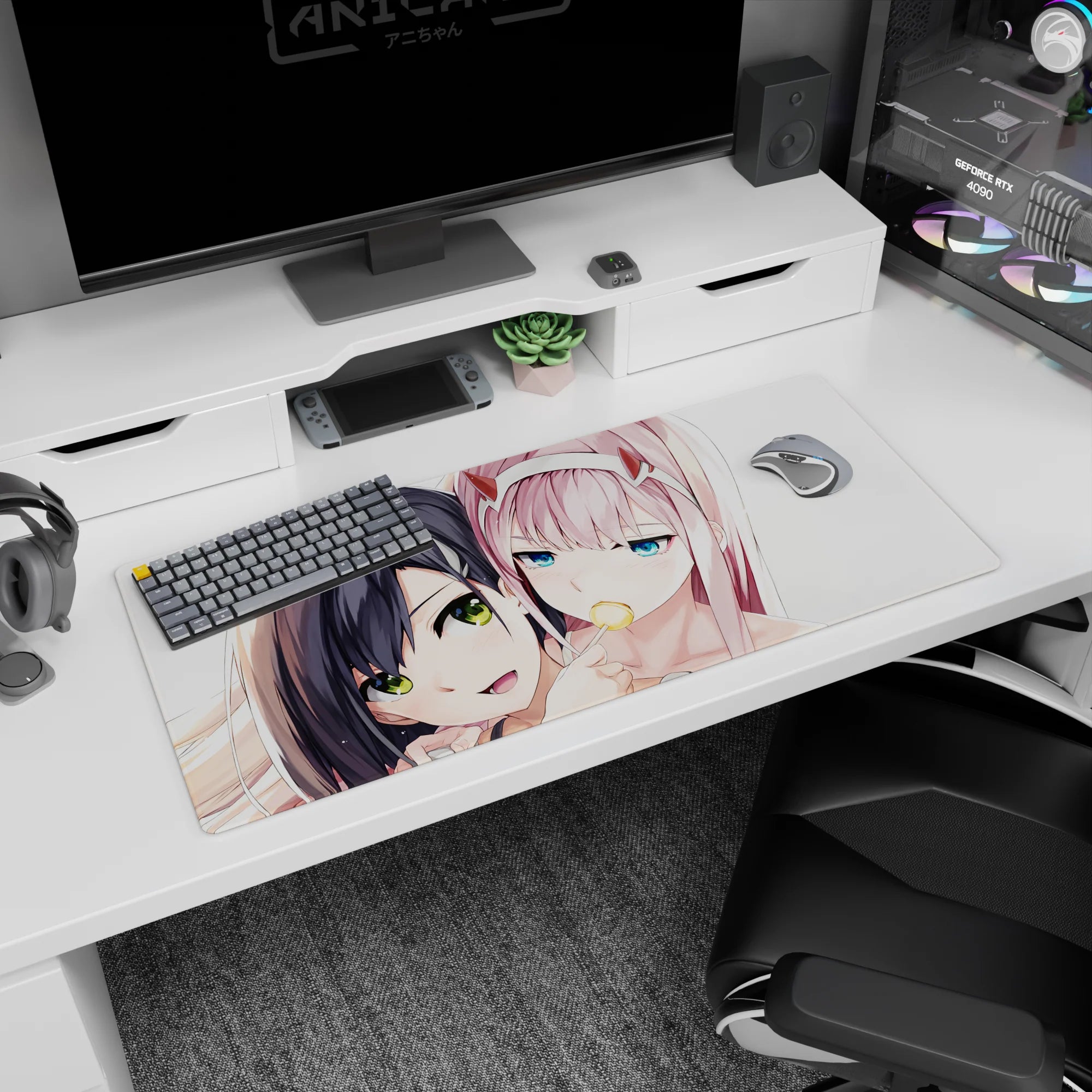 Personality-driven artwork on 36x16 mouse pad captures the essence of Zero Two’s duality—sweet yet sassy—with cinematic precision