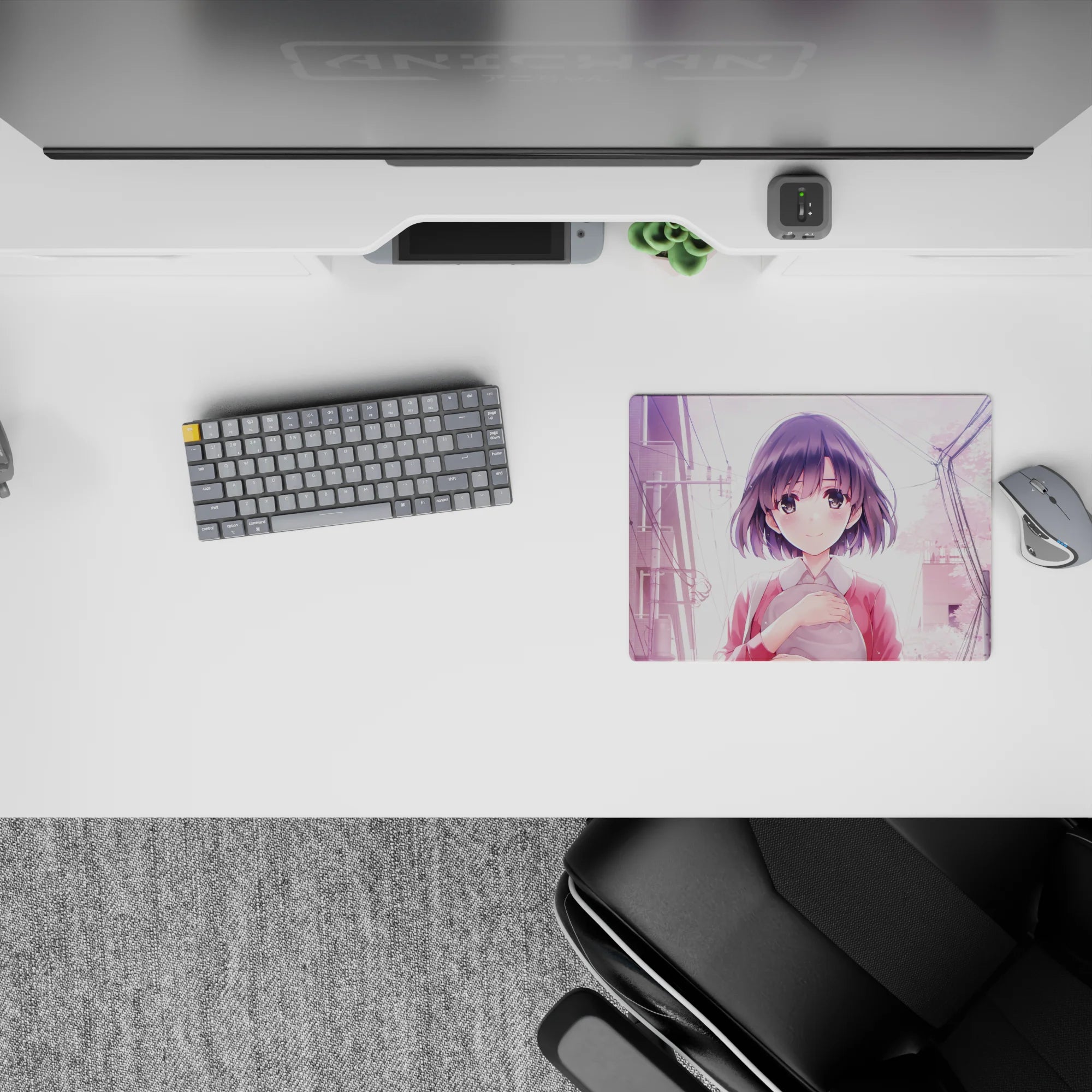 Pastel lavender sky anime mouse pad 14x10 inches, soft spring vibe with drifting pink cherry blossoms.