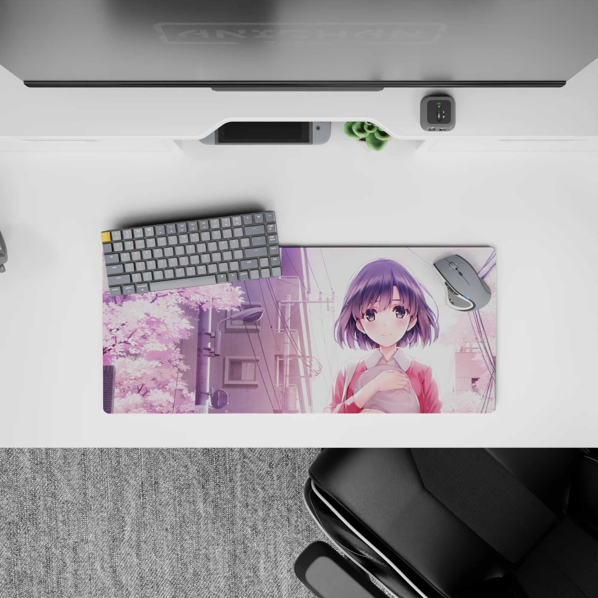 Pastel spring mood anime girl mouse pad 28x12 inches in lavender, pink sakura, and gentle tones.