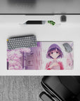 Pastel spring mood anime girl mouse pad 28x12 inches in lavender, pink sakura, and gentle tones.