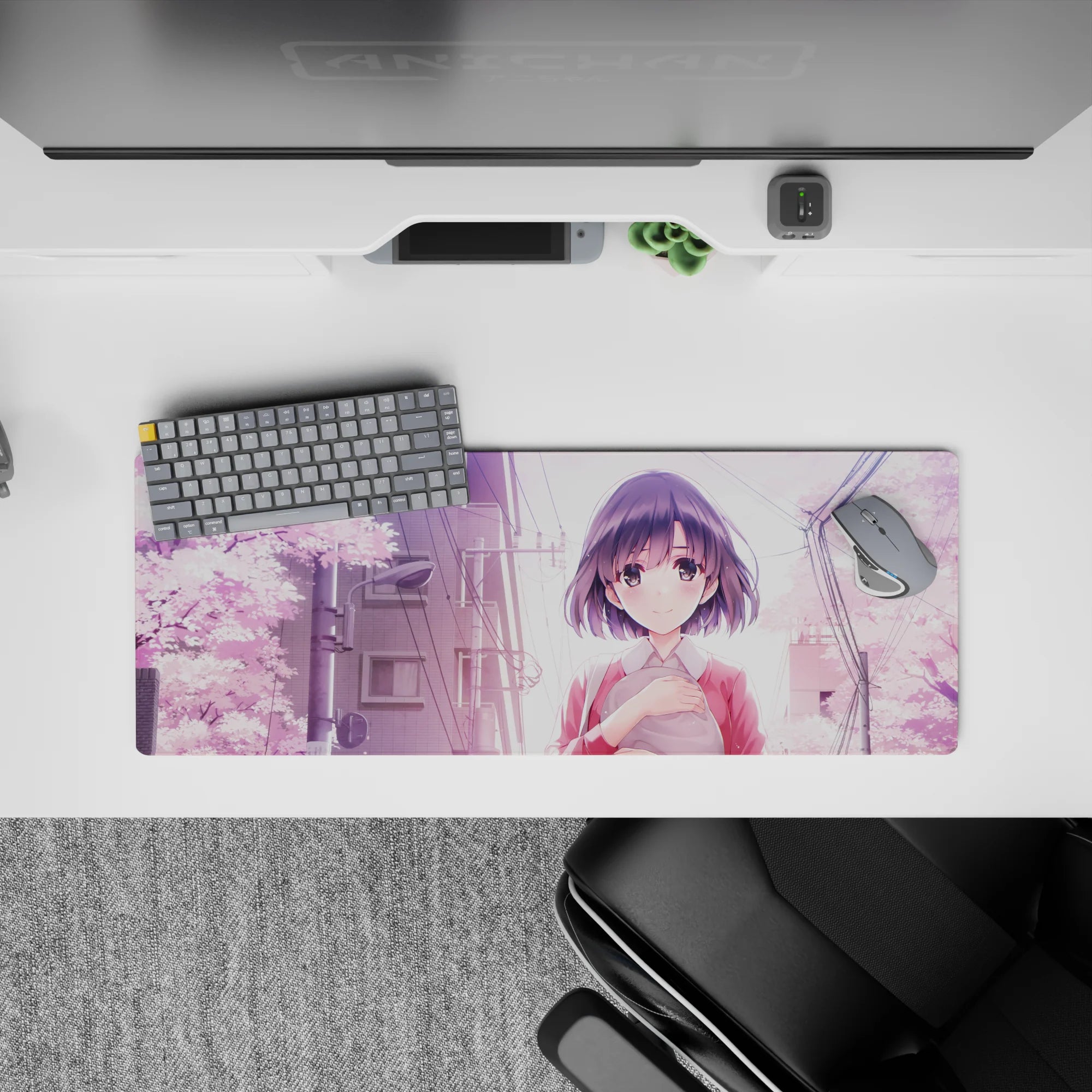 32x12 inches anime girl mouse pad in lavender pink tones, cozy slice-of-life vibe with drifting petals.