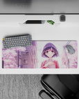 32x12 inches anime girl mouse pad in lavender pink tones, cozy slice-of-life vibe with drifting petals.