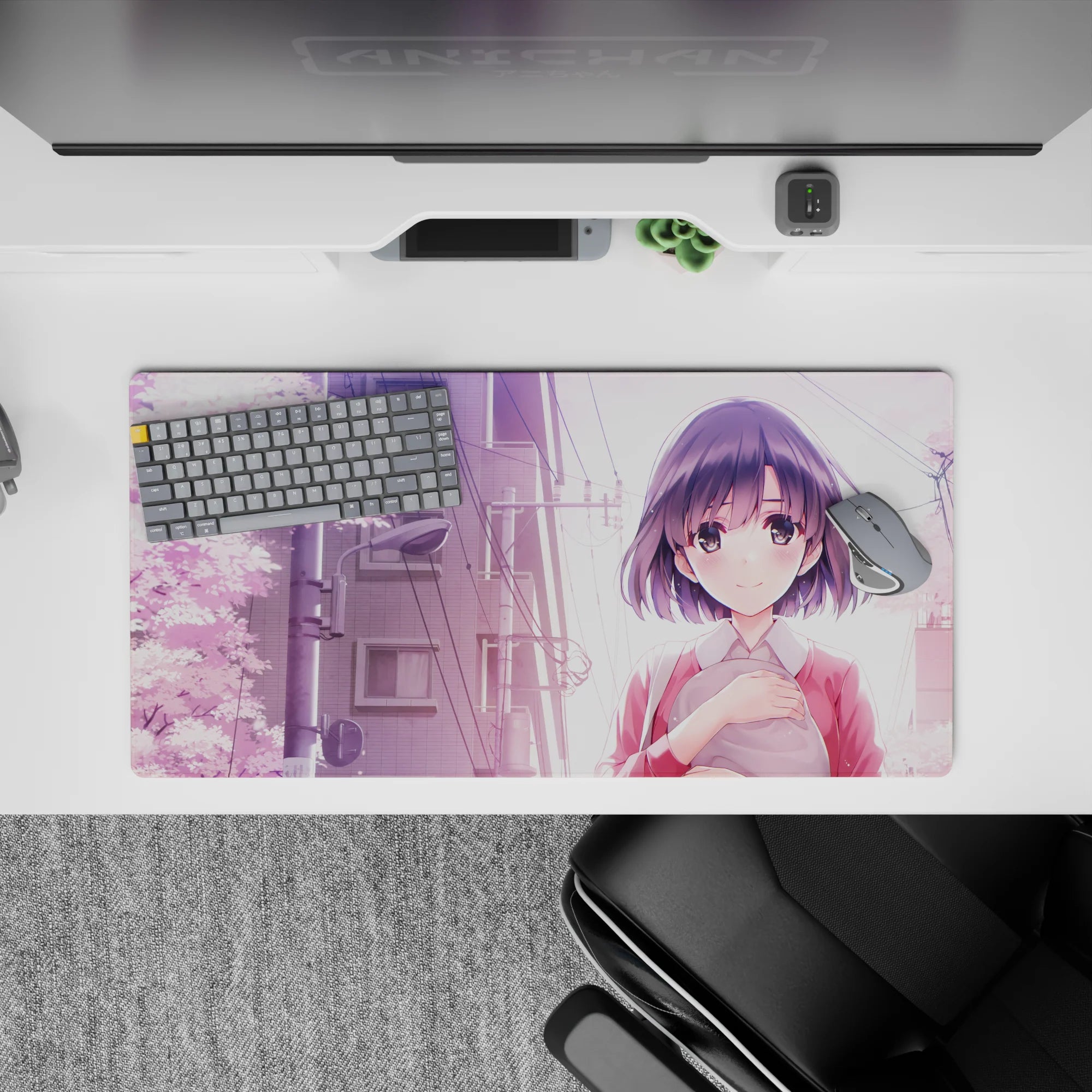 Pastel lavender sky anime desk mat mouse pad 32x16 inches, soft spring vibes with pink petals.