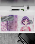 Pastel lavender sky anime desk mat mouse pad 32x16 inches, soft spring vibes with pink petals.