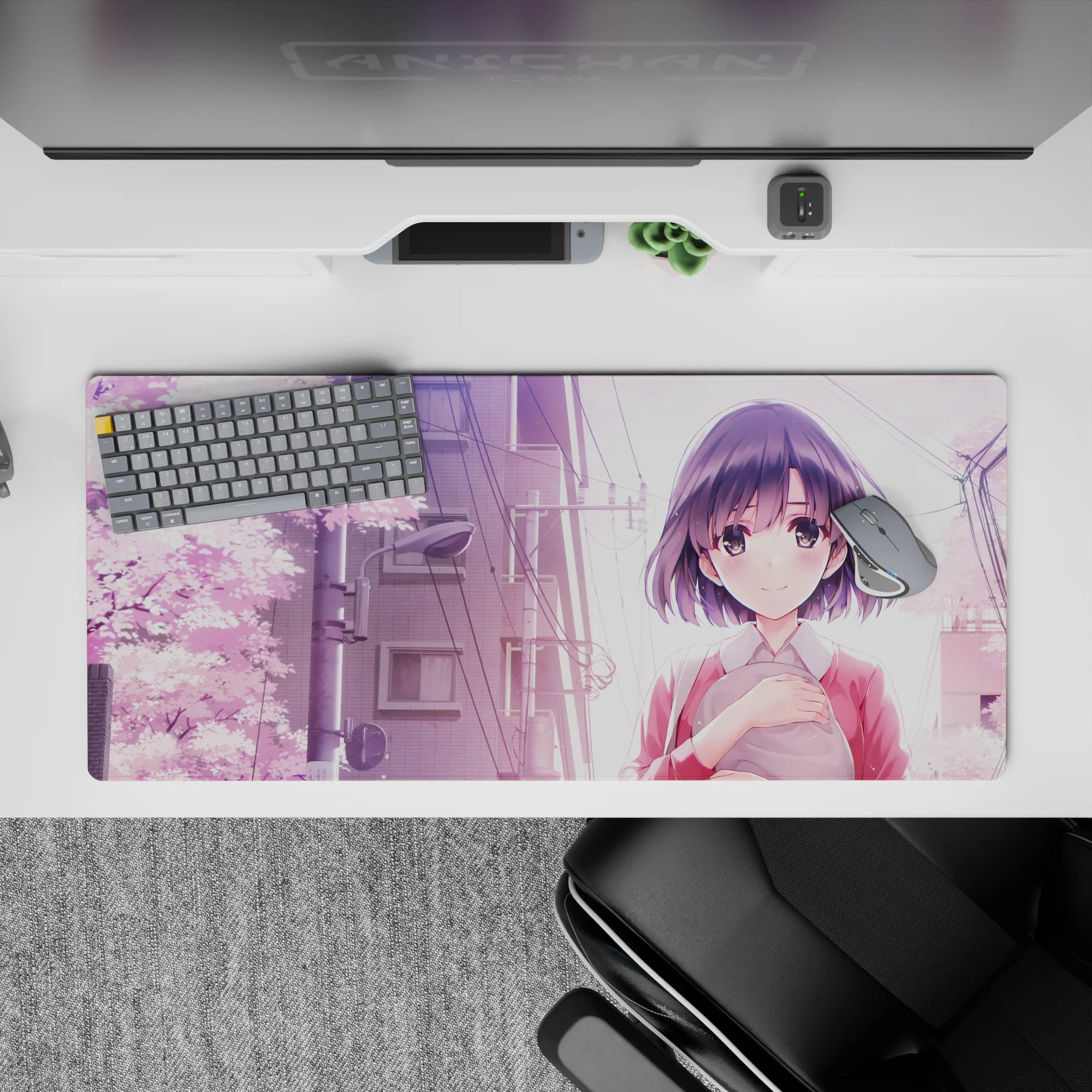 Pastel pink sakura desk pad 36x16 inches in lavender skies with warm, sweet springtime mood.