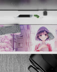 Pastel pink sakura desk pad 36x16 inches in lavender skies with warm, sweet springtime mood.
