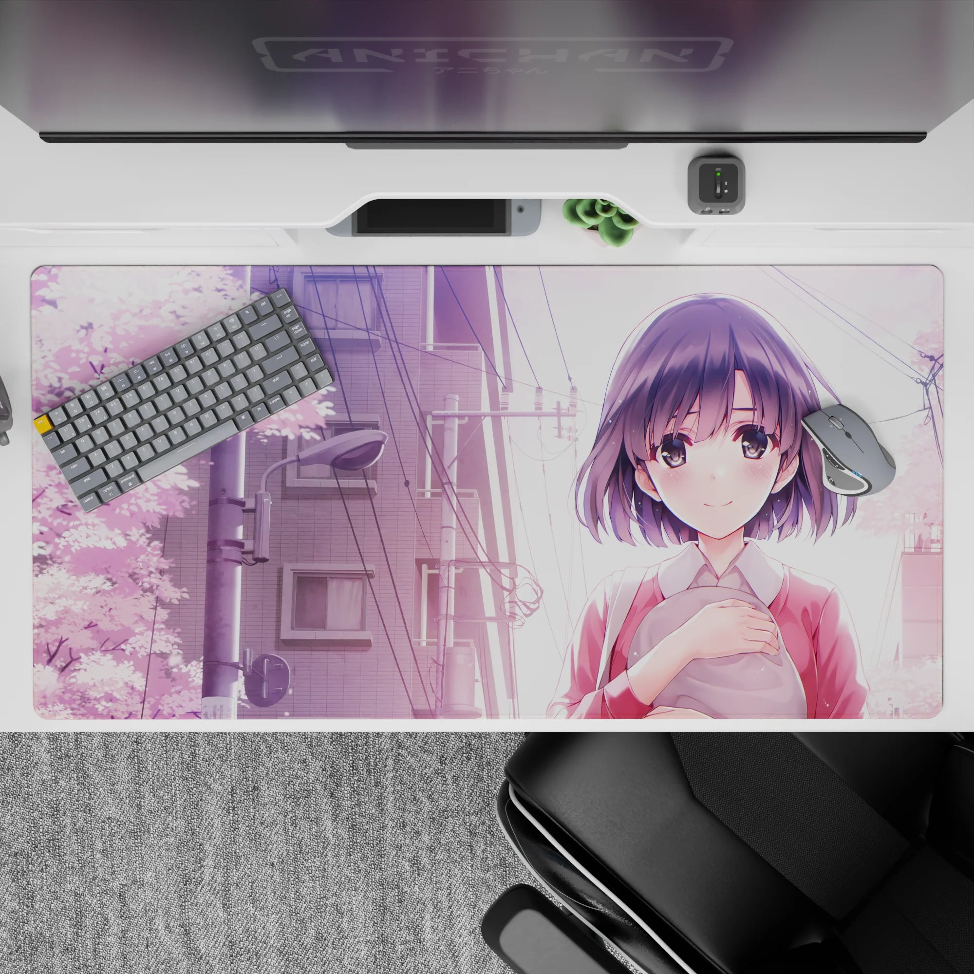 Pastel lavender sky anime desk pad 40x20 inches, soft spring vibes, pink sakura, calm cozy mood.
